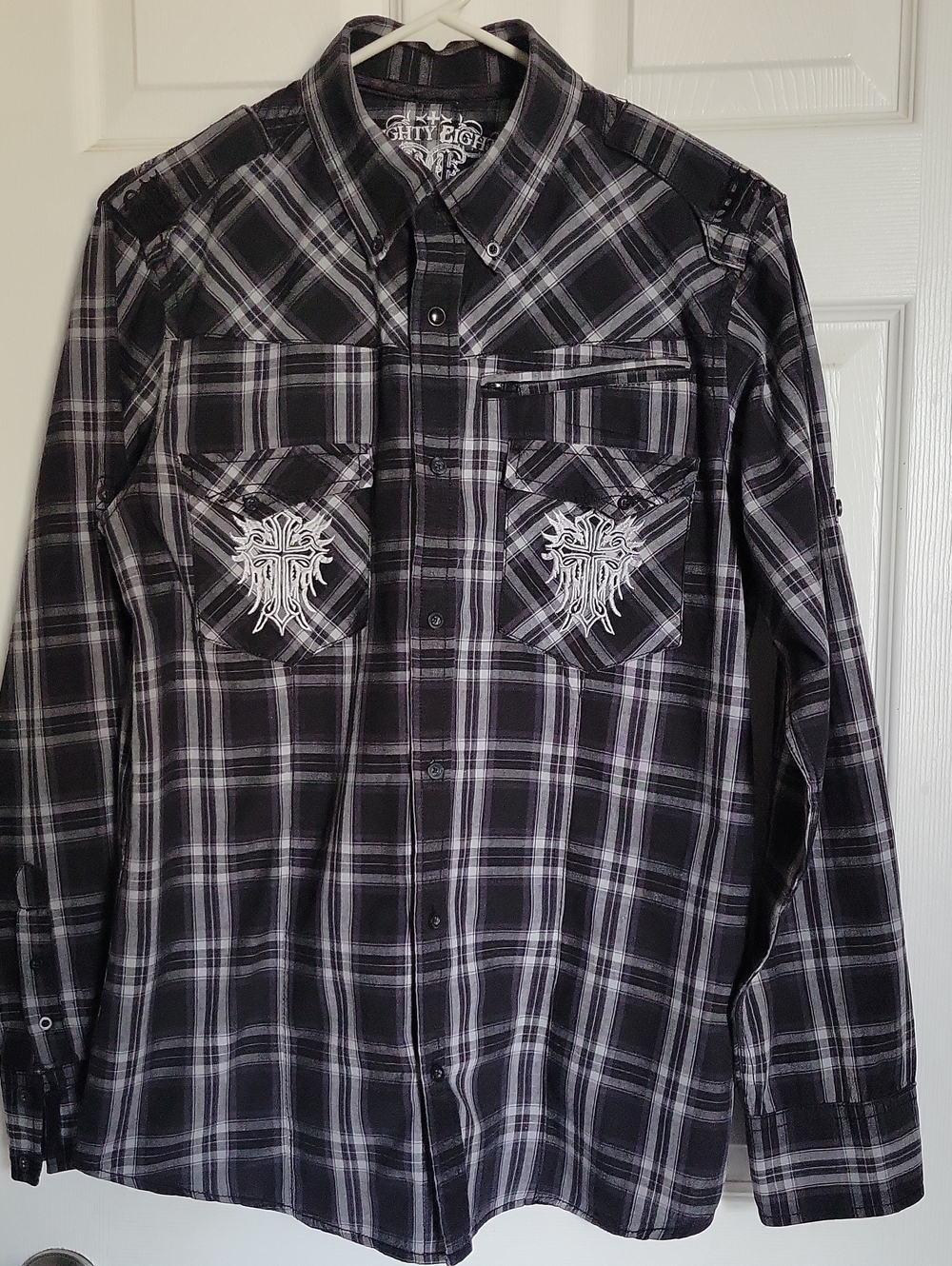 Men's Eighty Eight  100% Cotton Black Grey Plaid Long Sleeve Shirt With Graphics